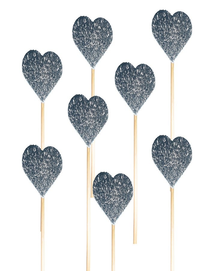 GLOBEADO Glitter Heart Cake Toppers 20 Pieces, Wooden Sticks, Party Decoration (20, SILVER)